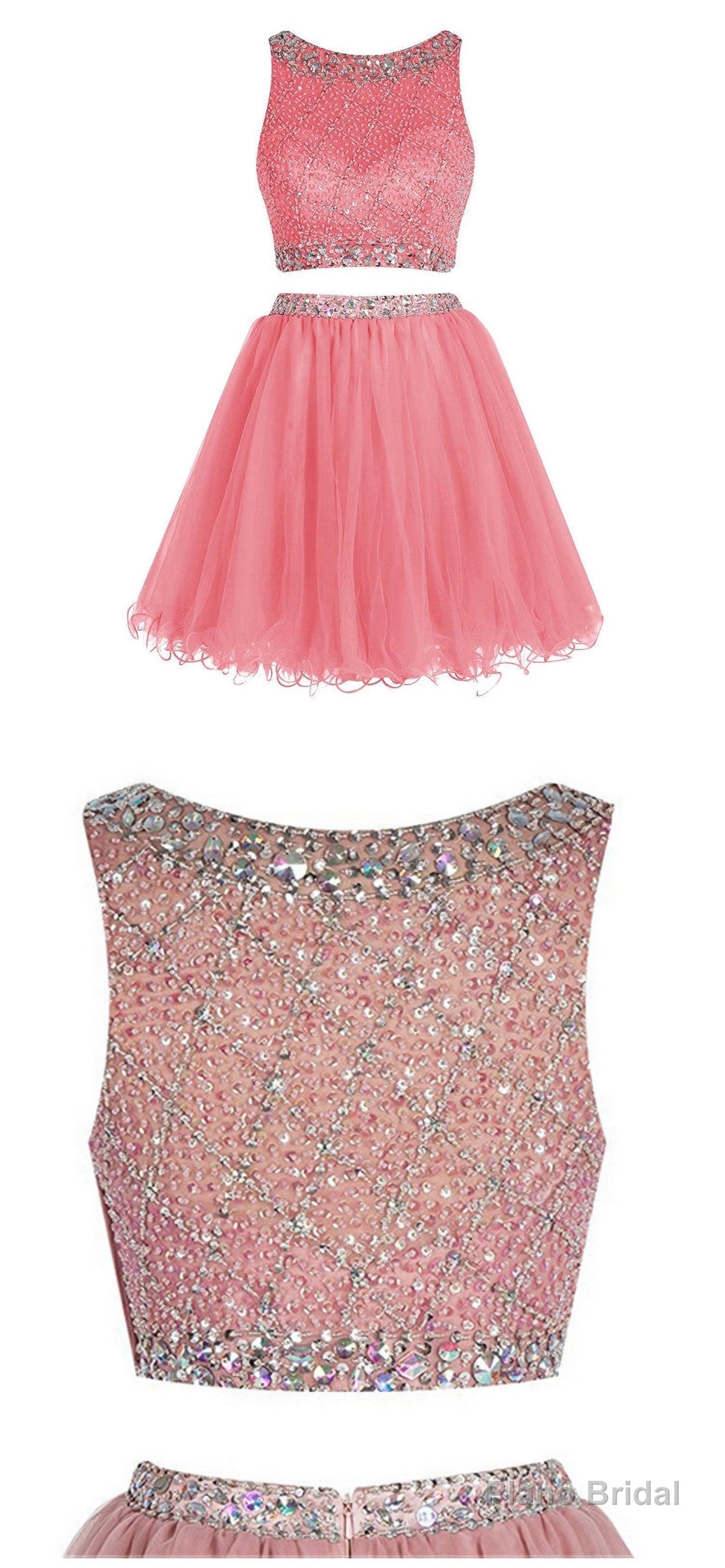 Bateau Neck Illusion Pink Short Crystal Beaded Two Piece Sequined Crop Top Tulle Mini Prom Dresses Secondary image