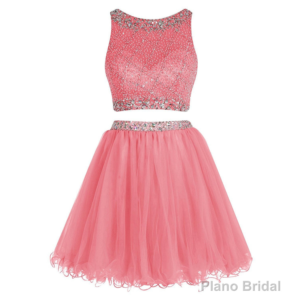 Bateau Neck Illusion Pink Short Crystal Beaded Two Piece Sequined Crop Top Tulle Mini Prom Dresses Main image
