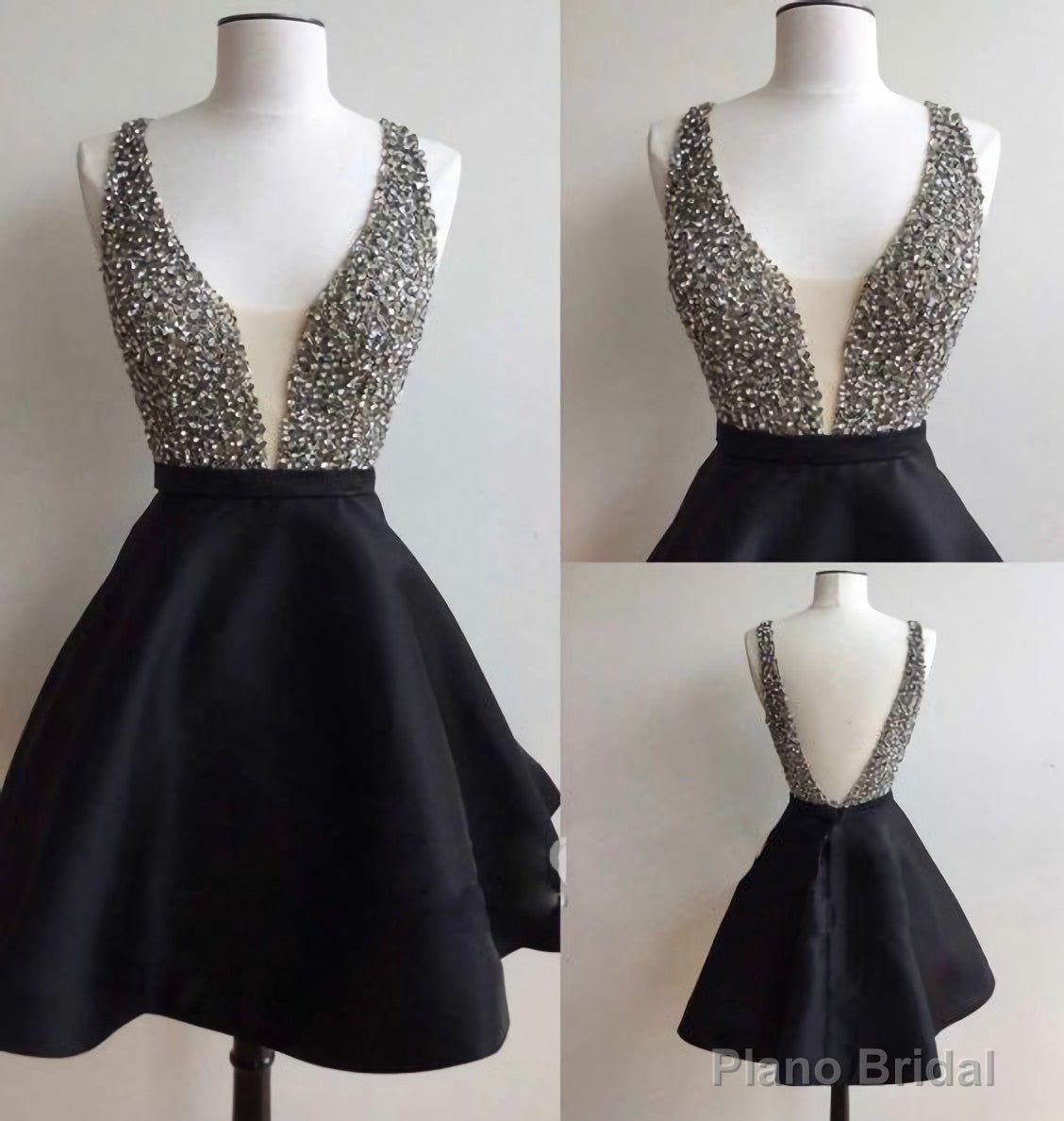 Black Satin V-back Rhinestone Little Black Juniors Homecoming Dresses