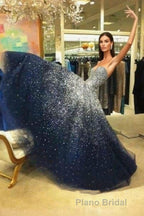 A Line Navy Blue Beading Tulle Formal Prom Dresses