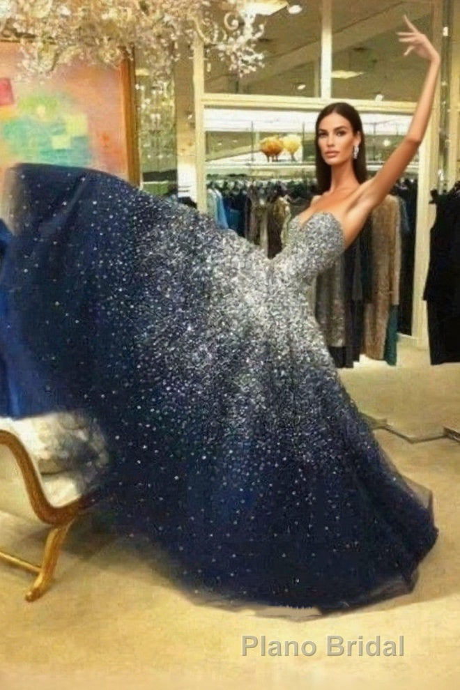 A Line Navy Blue Beading Tulle Formal Prom Dresses