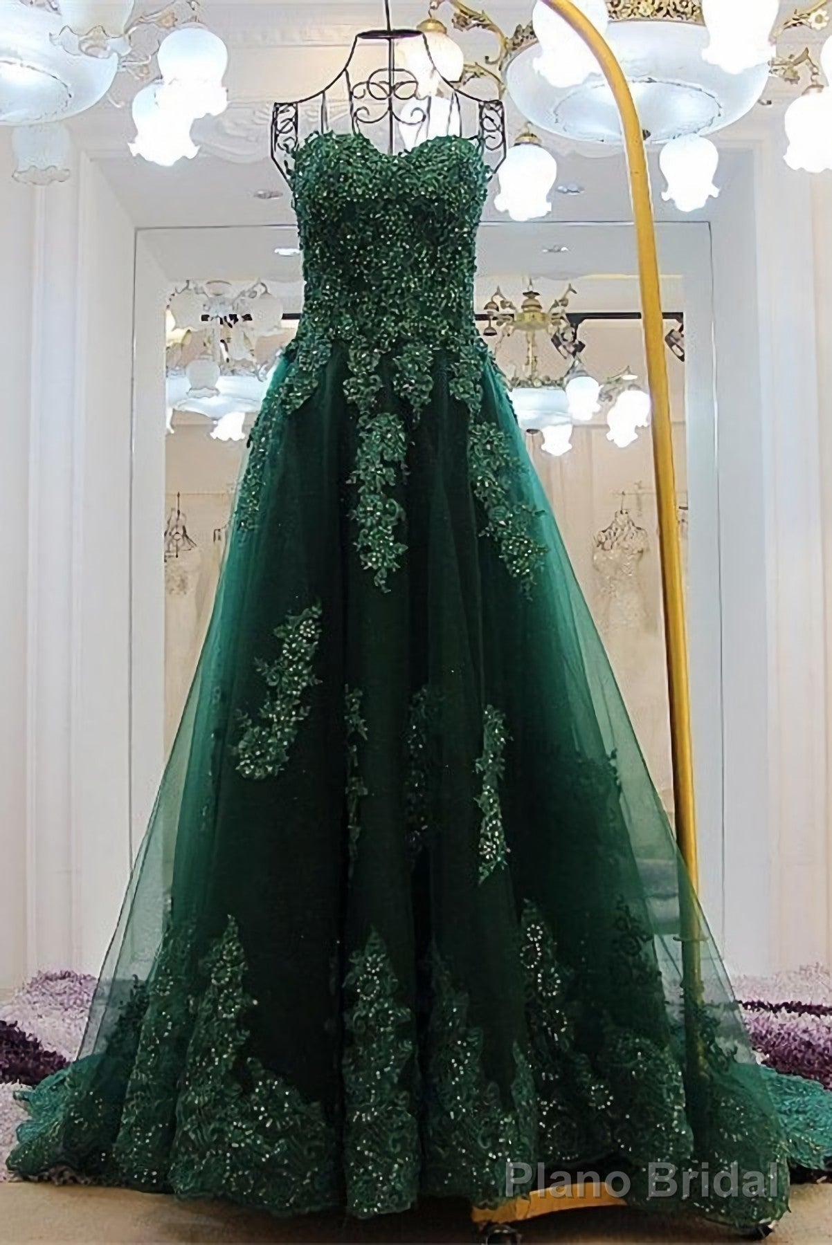 Sweetheart Long Lace Green Sweep Train Lace Up Prom Dresses Main image