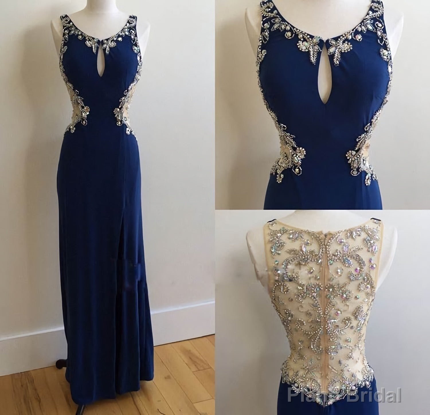 Long Dark Blue Chiffon Beaded Crystals Prom Dresses, See Through Back Mermaid Formal Gowns Sexy Party Evening Dresses Main image