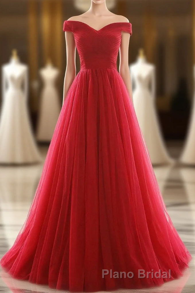 Off The Shoulder Red A Line Pleated Long Red Formal Prom Dresses Main image