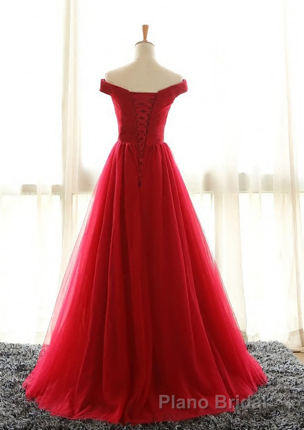 Off The Shoulder Red A Line Pleated Long Red Formal Prom Dresses Secondary image