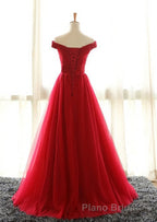 Off The Shoulder Red A Line Pleated Long Red Formal Prom Dresses