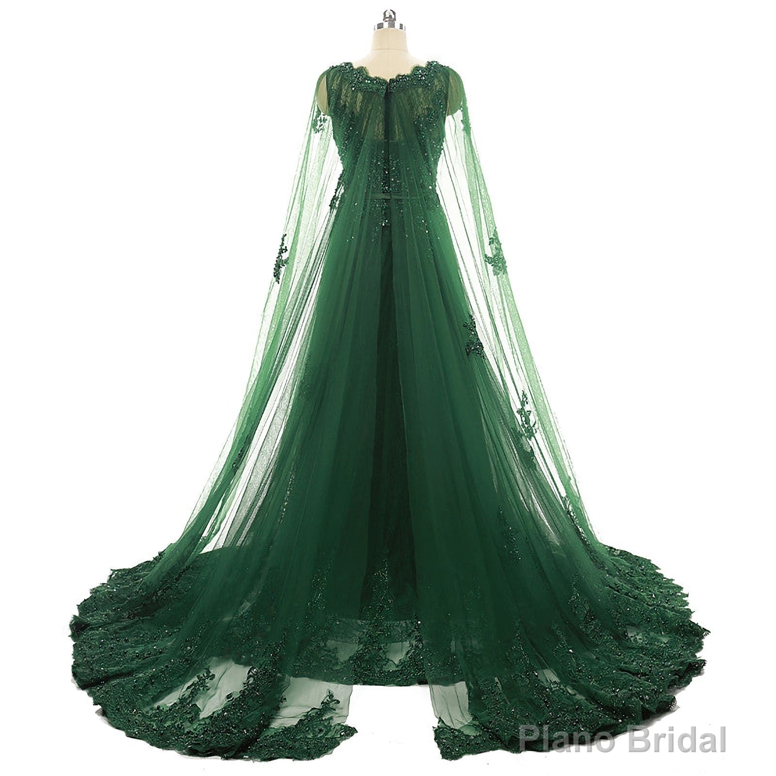 Elegant Women Beaded Lace With Long Appliques Tulle Cape Emerald Green Evening Dresses