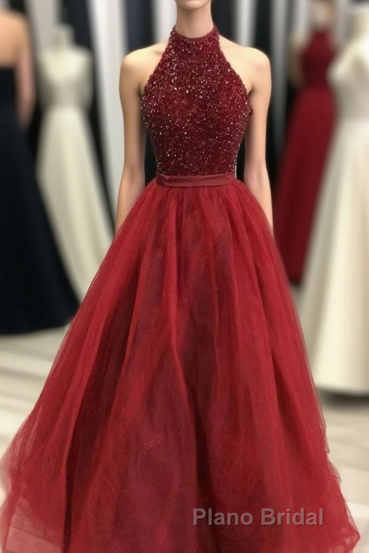 Charming Beading Long Red Halter Formal Prom Dresses Main image