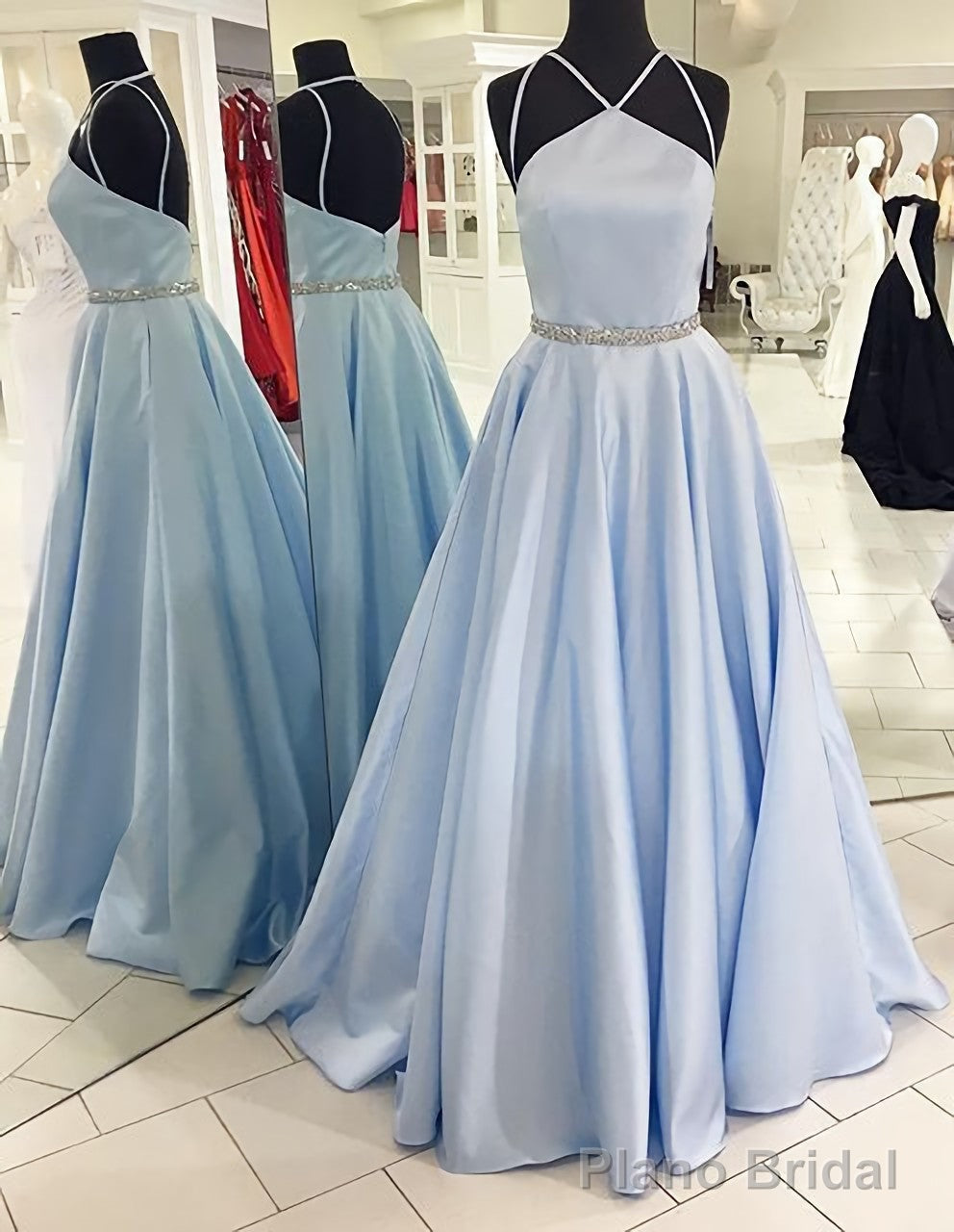 Backless Beading Spaghetti Straps A Line Light Blue Long Prom Dresses Main image