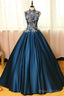 Blue Dreses Satins Lace Applique A Line Long Prom Dresses