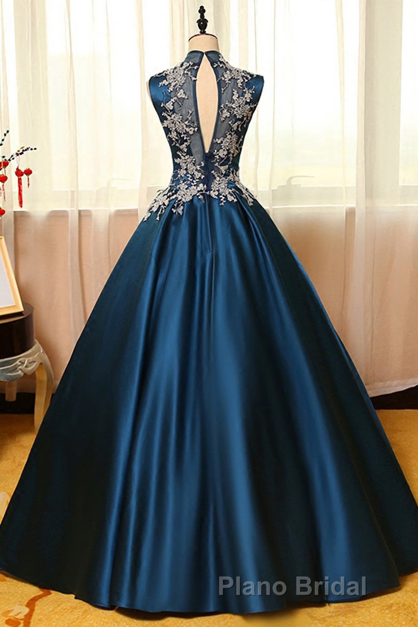 Blue Dreses Satins Lace Applique A Line Long Formal Prom Dresses Secondary image
