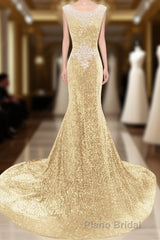 Sequins Court Train Crystal Detailing Trumpet Mermaid Sexy Beading Formal Prom Dresses