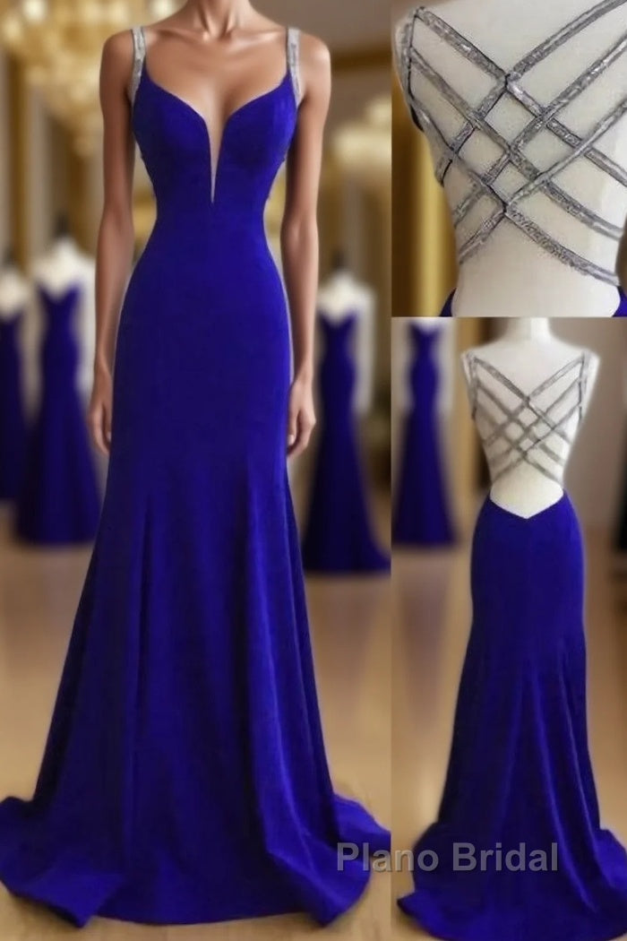 Sexy Mermaid Spaghetti Straps Royal Blue Long With Beading Sexy Formal Prom Dresses Main image