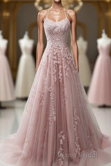 Pink Scoop Tulle Straps With Lace Long Formal Prom Dresses, Pink A-Line Prom Dresses