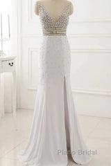 Formal Prom Dresses Evening Party Gowns Long Sexy High Slit Chiffon Crystal