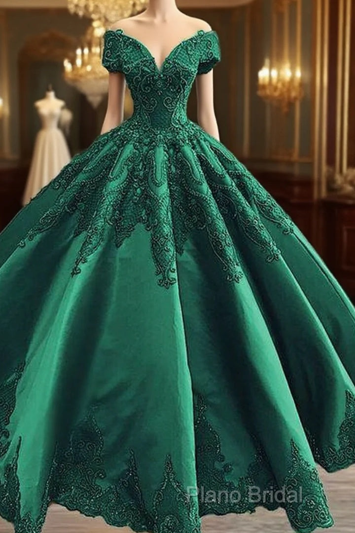 Formal Prom Dresses Elegant Green Satin Ball Gown Wedding Dresses Lace Embroidery Beaded Off The Shoulder For Bridal Party Main image