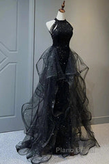 Formal Prom Dresses Sparkle & Shine Dresses Wedding Partysleeveless Halter Wednesday Addams Family Sequined With Crystals Sequin Ruffles