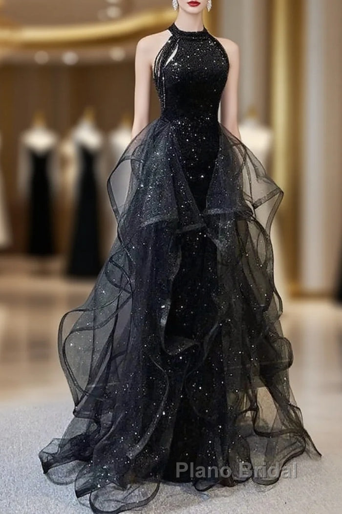 Formal Prom Dresses Sparkle & Shine Dresses Wedding Partysleeveless Halter Wednesday Addams Family Sequined With Crystals Sequin Ruffles