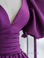 Puffy Sleeve Backless Satin Purple Backless Formal Prom Dresses