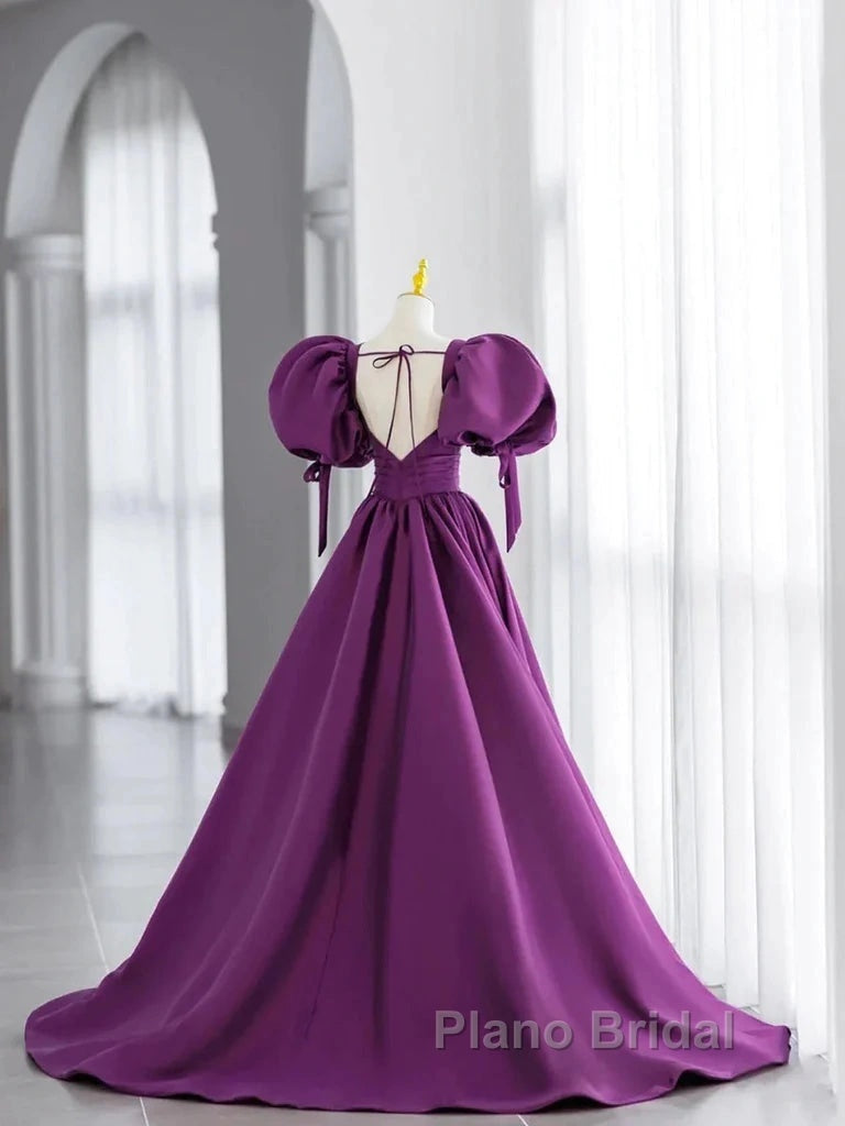 Puffy Sleeve Backless Satin Purple Backless Formal Prom Dresses