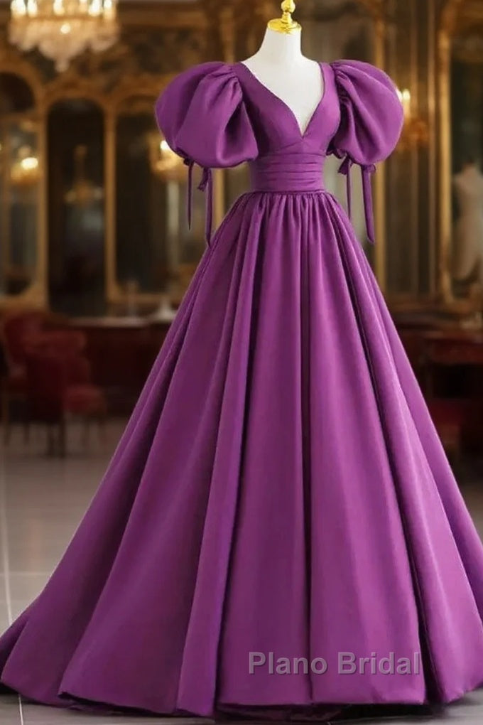 Puffy Sleeve Backless Satin Purple Backless Formal Prom Dresses Main image