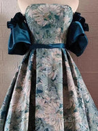 Puffy Sleeves Print Blue Quinceanera Formal Prom Dresses