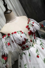 Puffy Long Sleeves Off the Shoulder Lace Tulle Formal Prom Dresses with Appliques