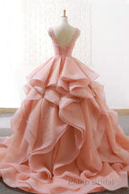 Puffy Tulle Long Formal Prom Dresses with Beading, A Line Sleeveless Party Gown