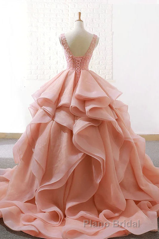 Puffy Tulle Long Formal Prom Dresses with Beading, A Line Sleeveless Party Gown