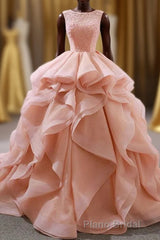 Puffy Tulle Long Formal Prom Dresses with Beading, A Line Sleeveless Party Gown