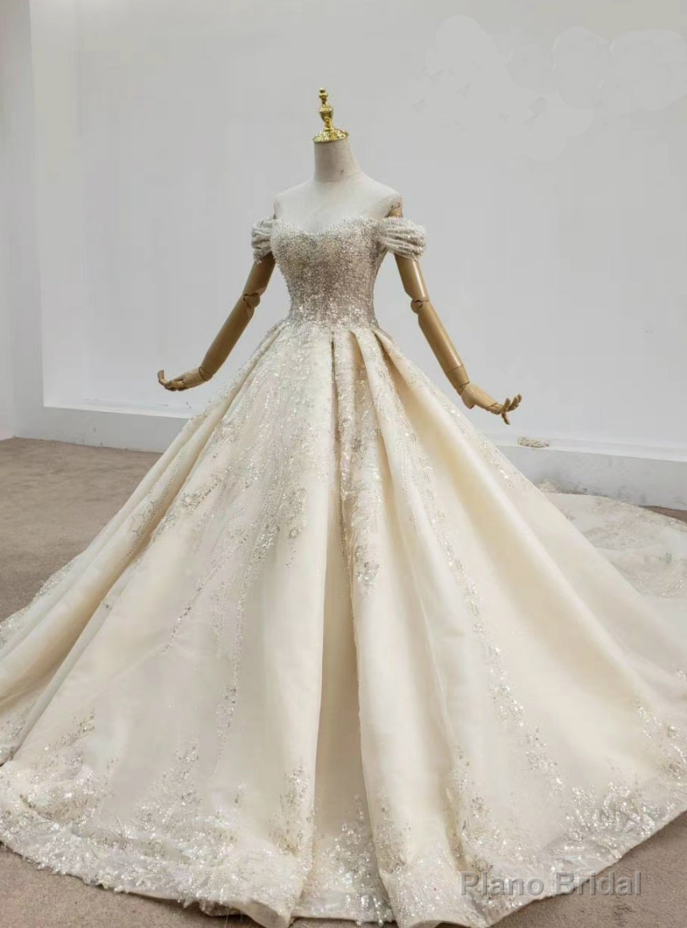 Purchase Your Favorite Champagne Tulle Appliques Off the Shoulder Formal Wedding Dress Main image