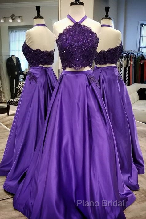 Purple 2 Piece Lace Formal Prom Dresses Halter Long Formal Gowns With Pockets Secondary image