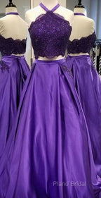 Purple 2 Piece Lace Formal Prom Dresses Halter Long Formal Gowns With Pockets