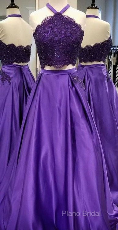 Purple 2 Piece Lace Formal Prom Dresses Halter Long Formal Gowns With Pockets