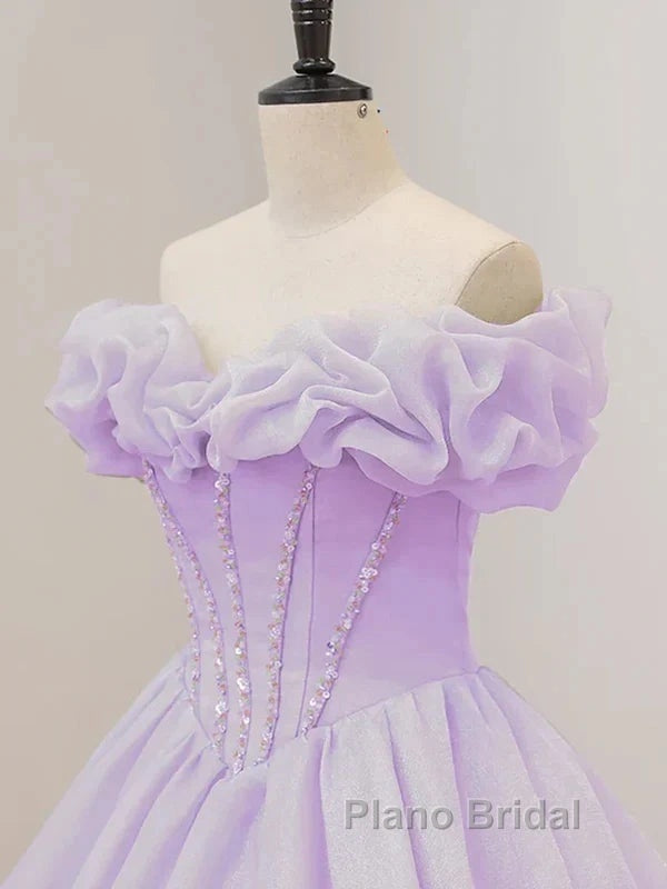 Purple A-Line Off Shoulder Long Ball Dresses Purple Dresses Formal Prom Dresses