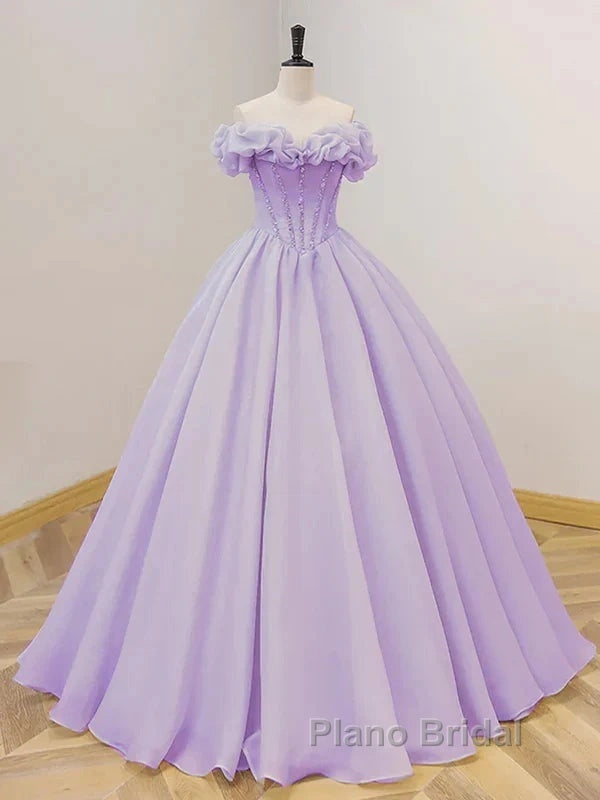Purple A-Line Off Shoulder Long Ball Dresses Purple Dresses Formal Prom Dresses