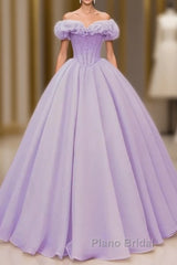 Purple A-Line Off Shoulder Long Ball Dresses Purple Dresses Formal Prom Dresses