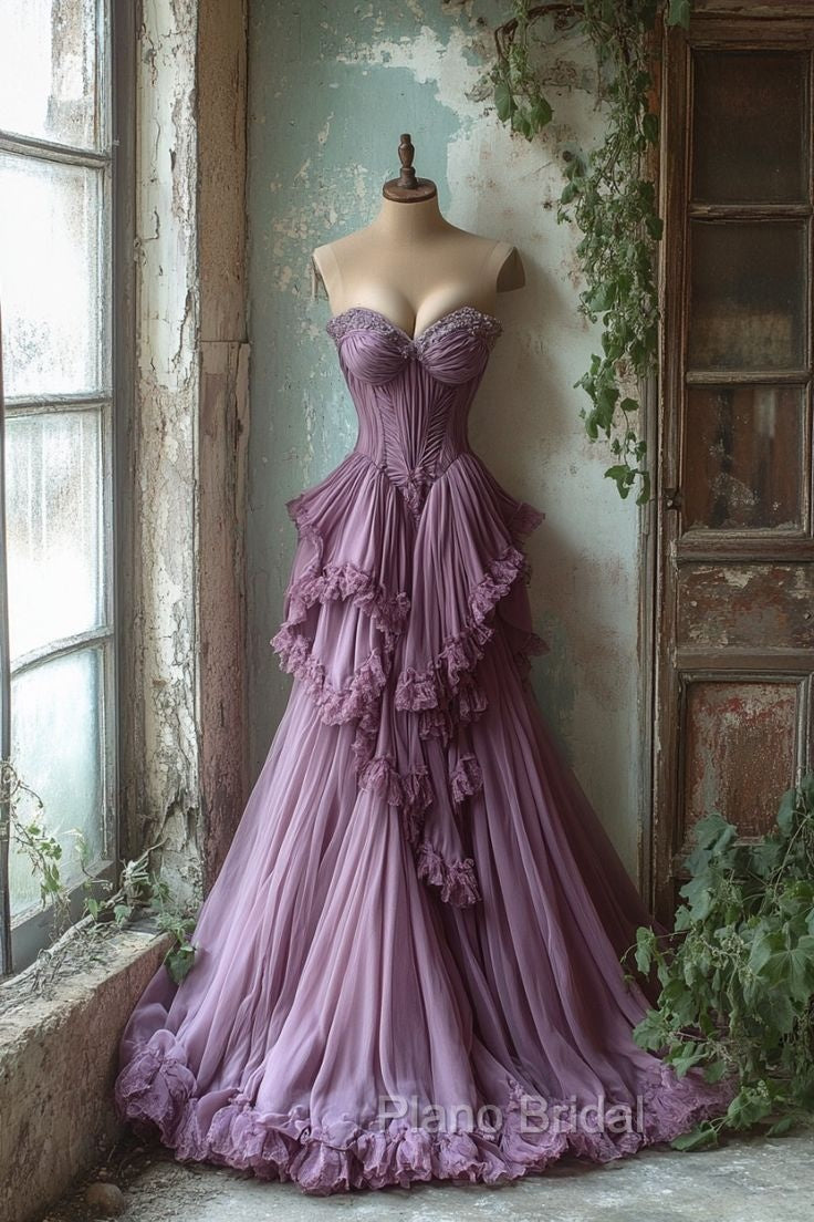Purple A-Line Sweetheart Neck Tulle Beaded Long Formal Prom Dresses, Vintage Formal Dresses Secondary image