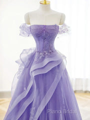 Purple A-Line Tulle Off Shoulder Long Formal Prom Dresses, Purple Lace Formal Dresses