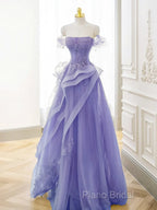 Purple A-Line Tulle Off Shoulder Long Formal Prom Dresses, Purple Lace Formal Dresses