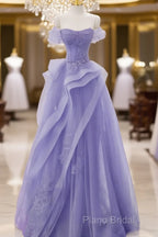 Purple A-Line Tulle Off Shoulder Long Formal Prom Dresses, Purple Lace Formal Dresses