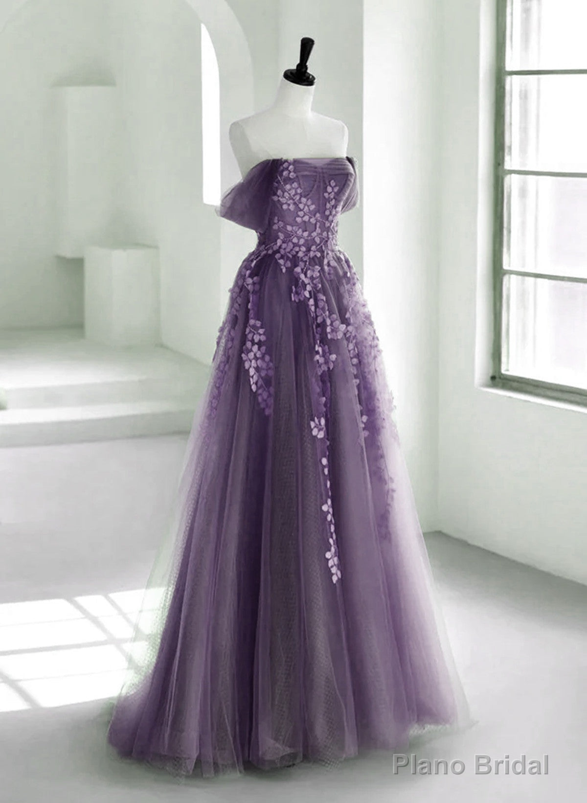Purple A-Line Tulle With Lace Long Formal Dress, Purple Prom Dress Evening Dress Main image