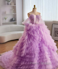 Purple Ball Gown Tulle Off The Shoulder Tiers Formal Prom Dresses