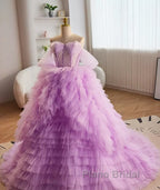 Purple Ball Gown Tulle Off The Shoulder Tiers Formal Prom Dresses