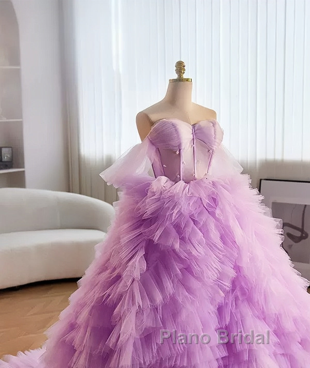 Purple Ball Gown Tulle Off The Shoulder Tiers Formal Prom Dresses