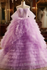 Purple Ball Gown Tulle Off The Shoulder Tiers Formal Prom Dresses