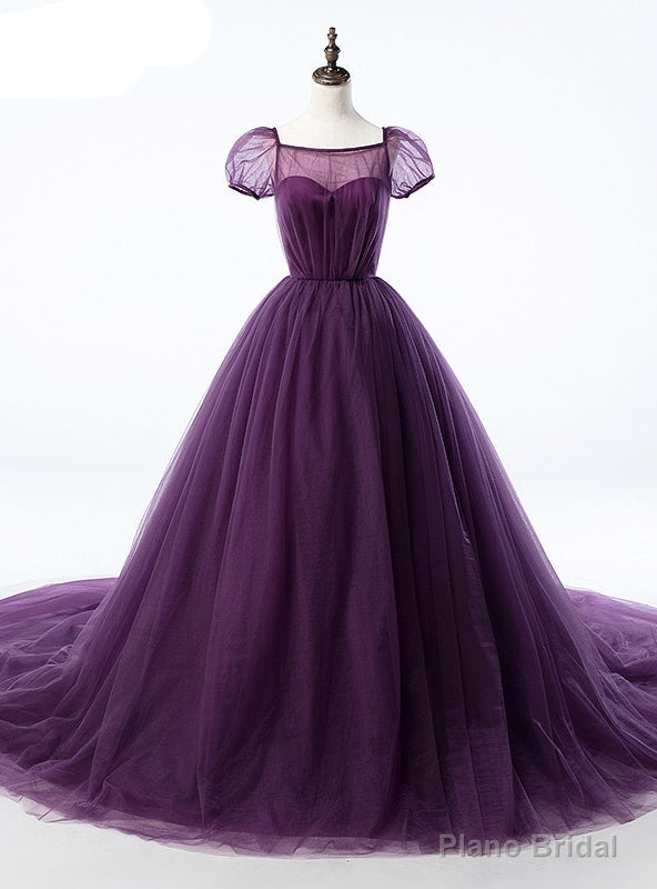 Purple Ball Gown Tulle Short Sleeve Backless Train Wedding Dress Main image