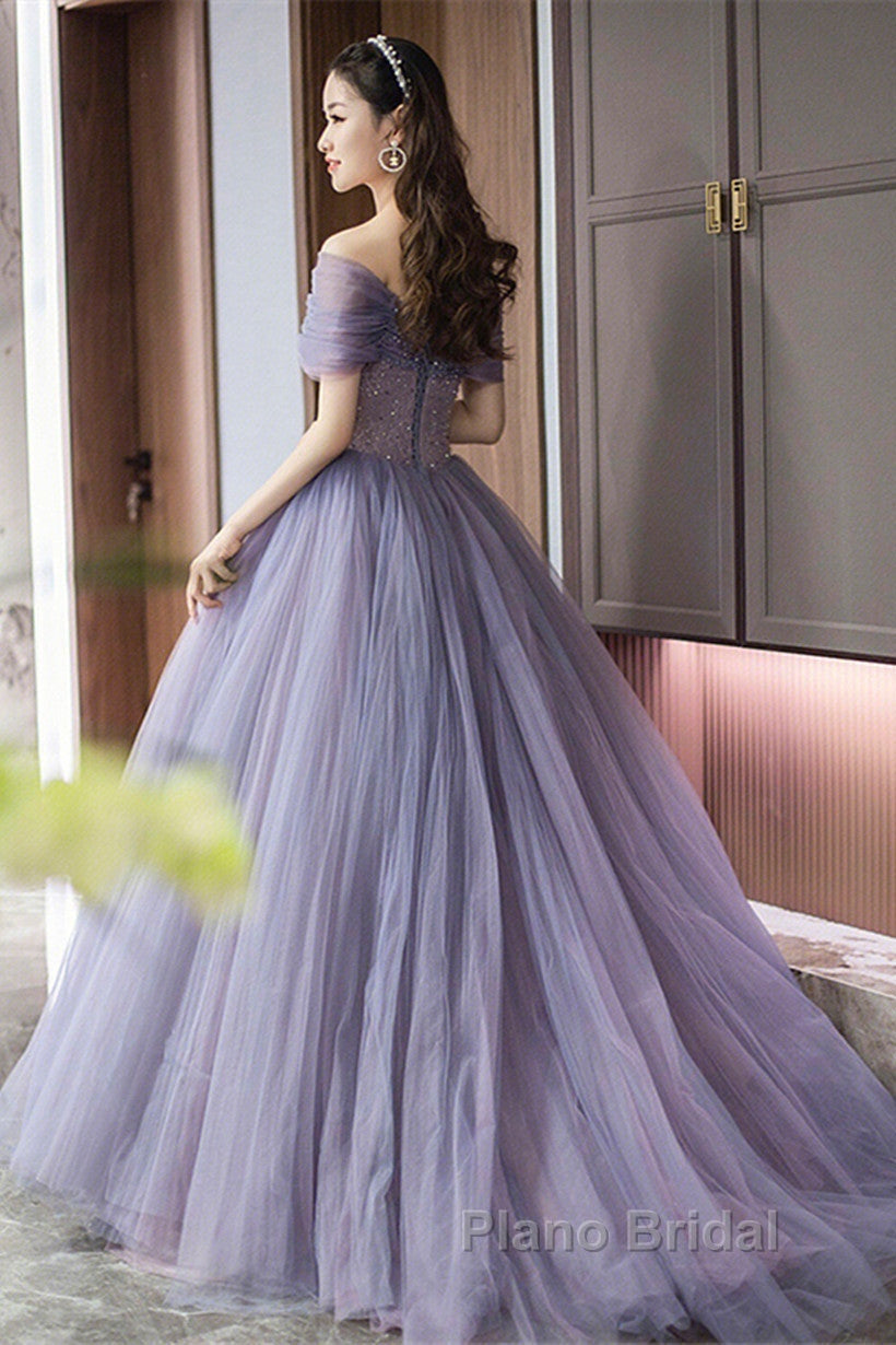 Purple Beaded Tulle Ball Gown Formal Dresses, Off Shoulder Sweet 16 Formal Dresses Secondary image
