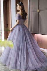 Purple Beaded Tulle Ball Gown Formal Dresses, Off Shoulder Sweet 16 Formal Dresses