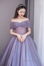Purple Beaded Tulle Ball Gown Formal Dresses, Off Shoulder Sweet 16 Formal Dresses
